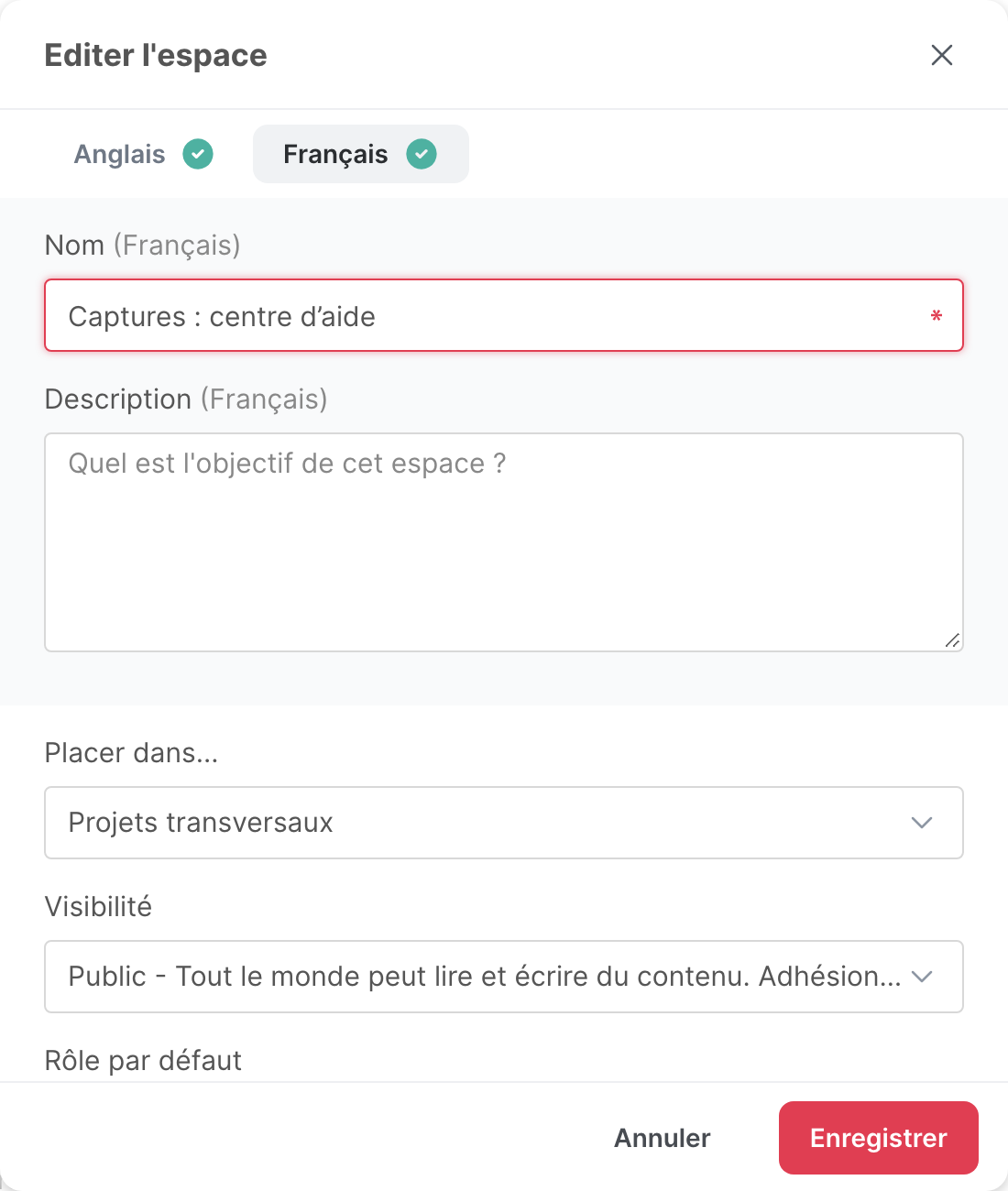 La fenêtre de modification d’un espace