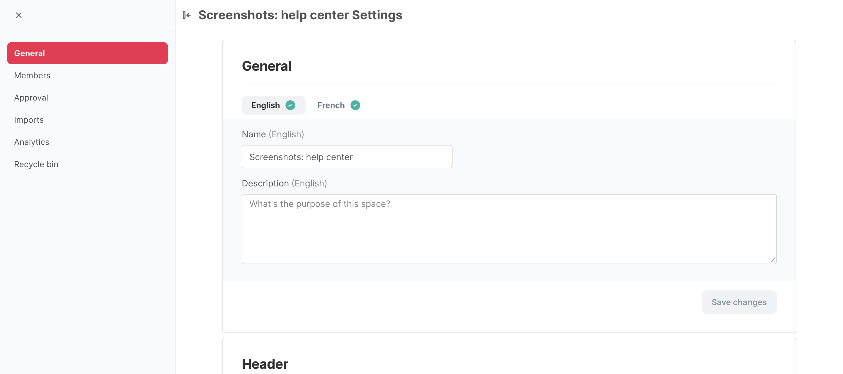 The General tab of the settings of a space