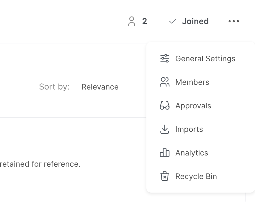 The menu of a space, with General Settings, Members, Approvals, Imports, Analytics and Recycle Bin