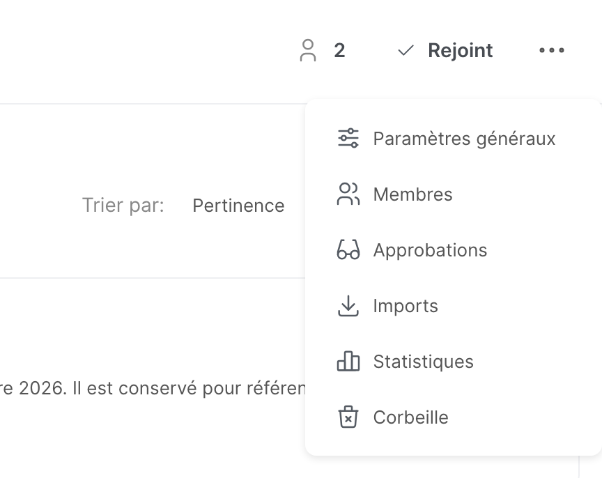 Le menu d’un espace, avec Paramètres généraux, Membres, Approbations, Imports, Statistiques et Corbeille