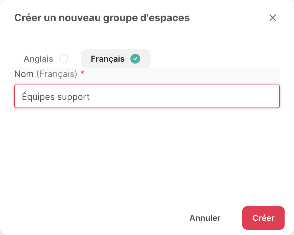 La fenêtre Créer un nouveau groupe d’espaces