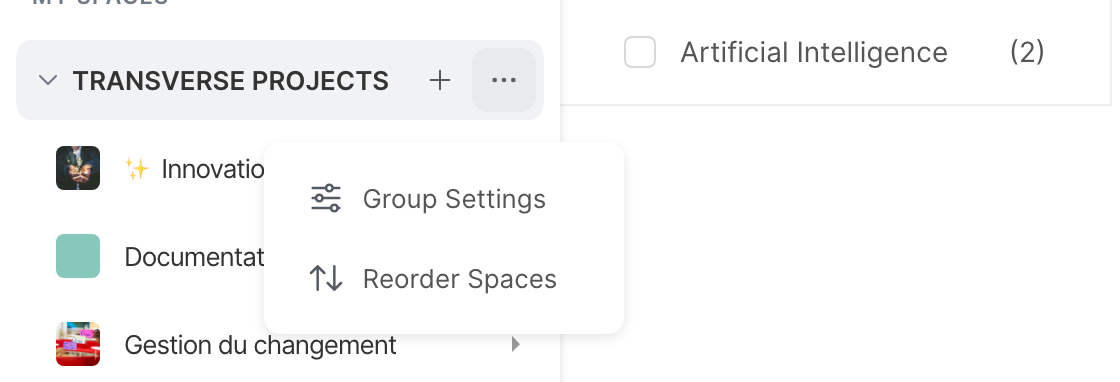 The menu of a group, with Group Settings and Reorder Spaces