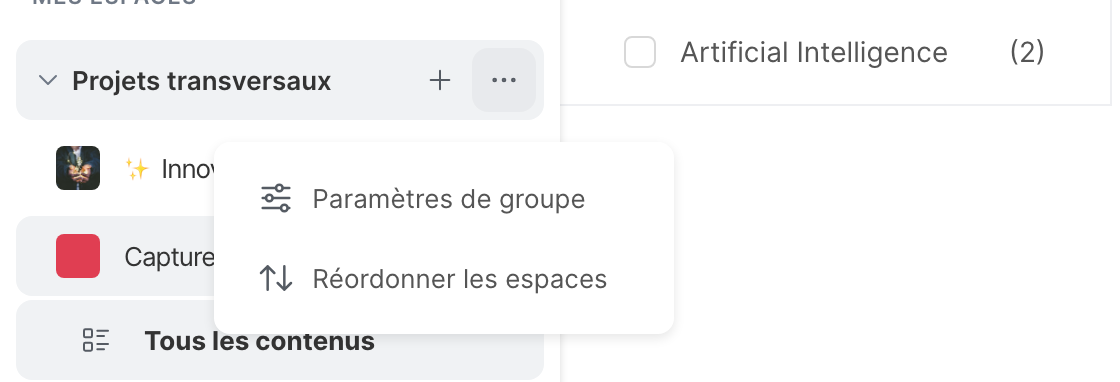 Le menu d’un groupe, avec Paramètres de groupe et Réordonner les espaces