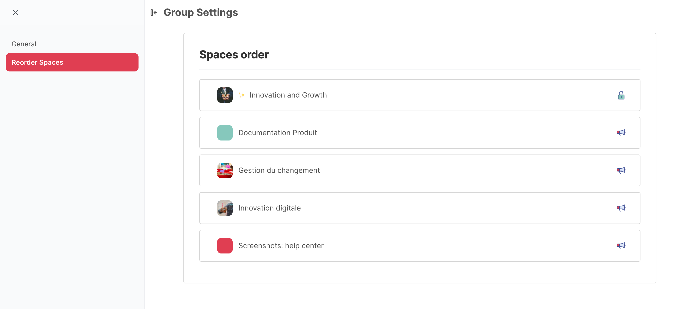 The Reorder Spaces tab of a group