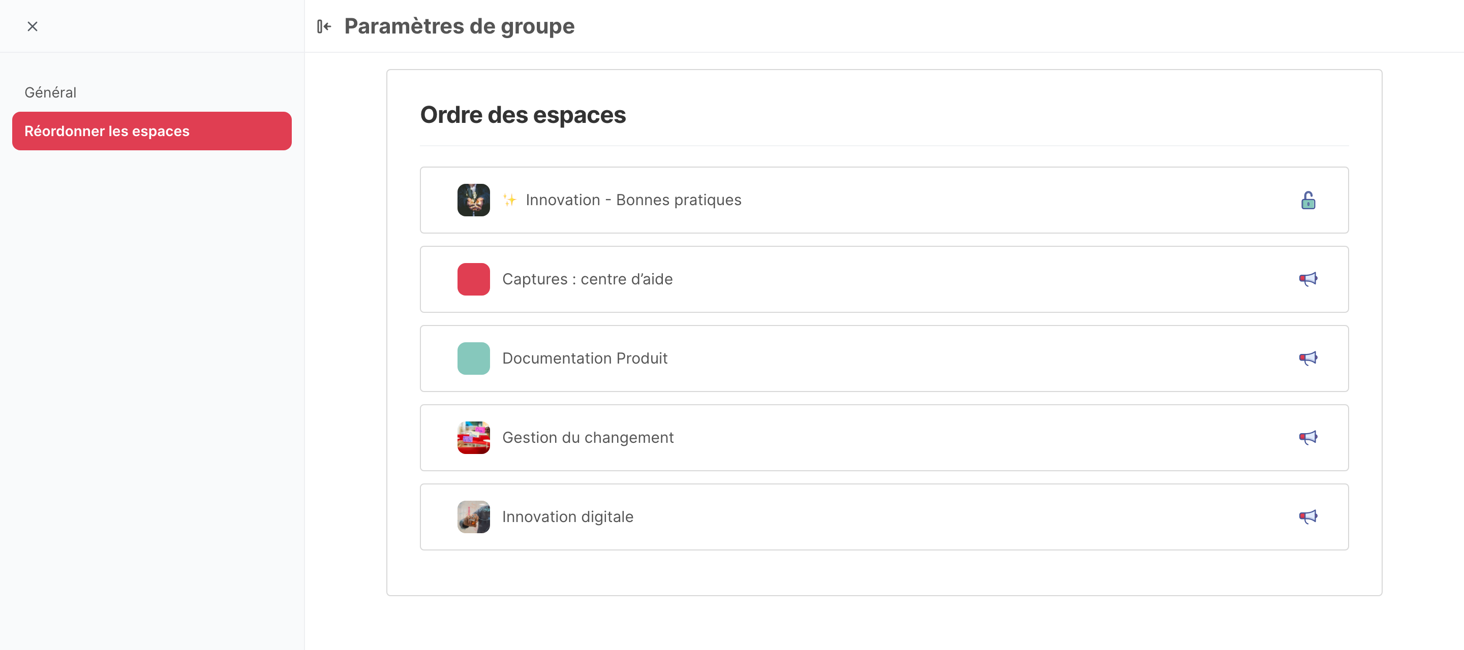 L’onglet Réordonner les espaces d’un groupe