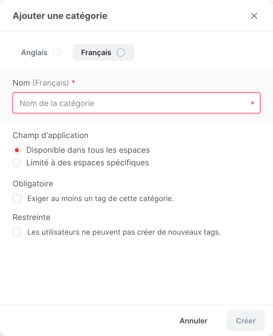 La fenêtre Ajouter une catégorie