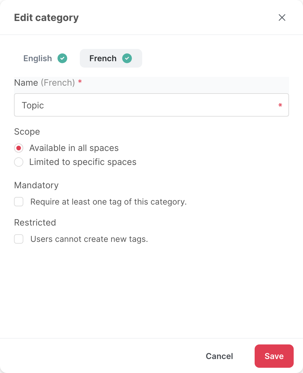 The Edit category window, with the French tab open