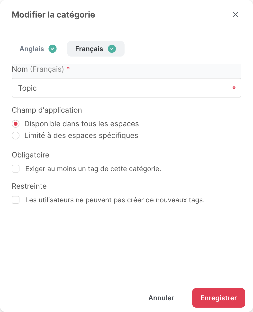 La fenêtre de modification d’une catégorie, avec l’onglet Français ouvert