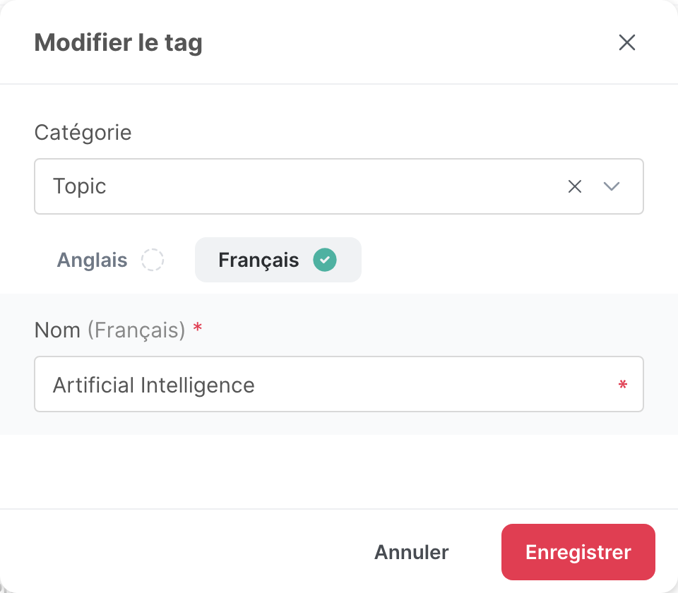 La fenêtre Modifier le tag, avec l’onglet Français ouvert