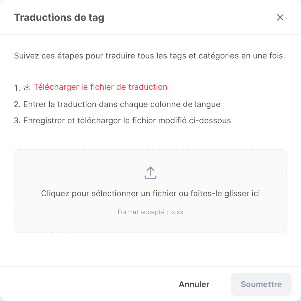 La fenêtre Traductions de tag