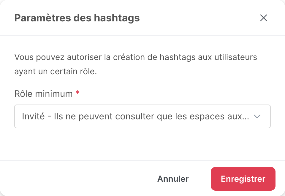 La fenêtre Paramètres des hashtags