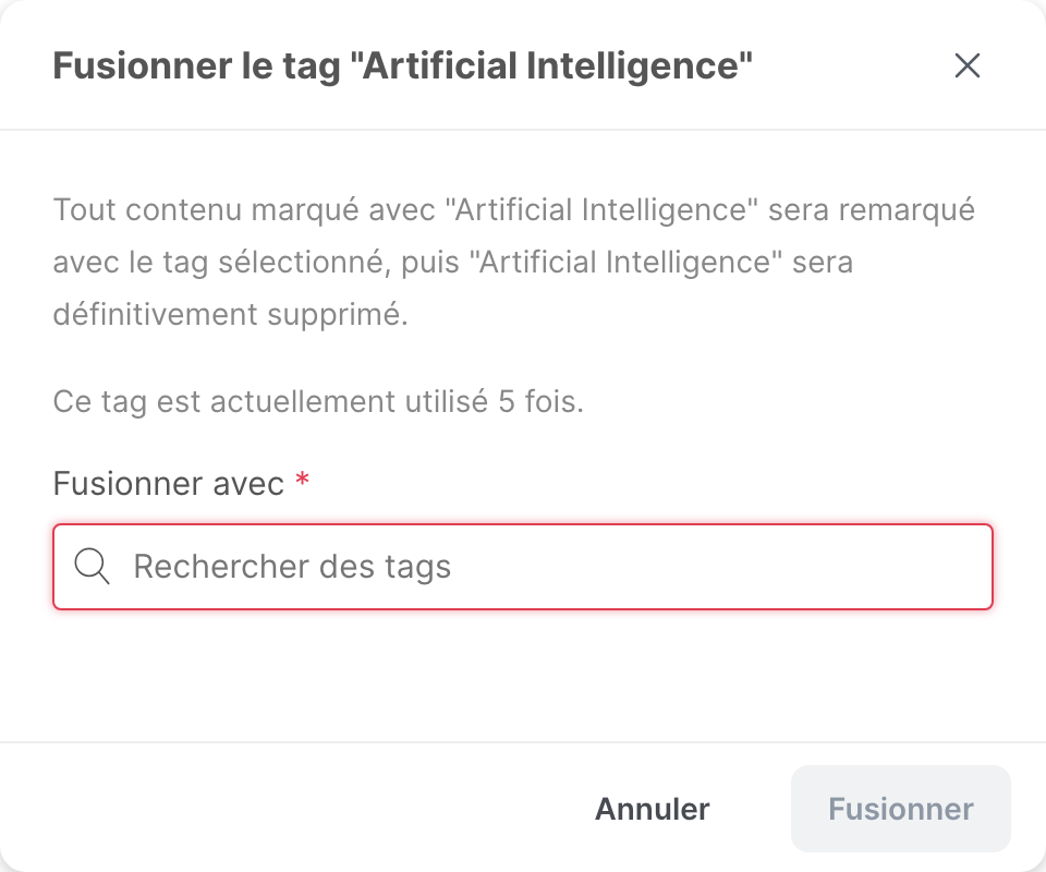 La fenêtre Fusionner le tag