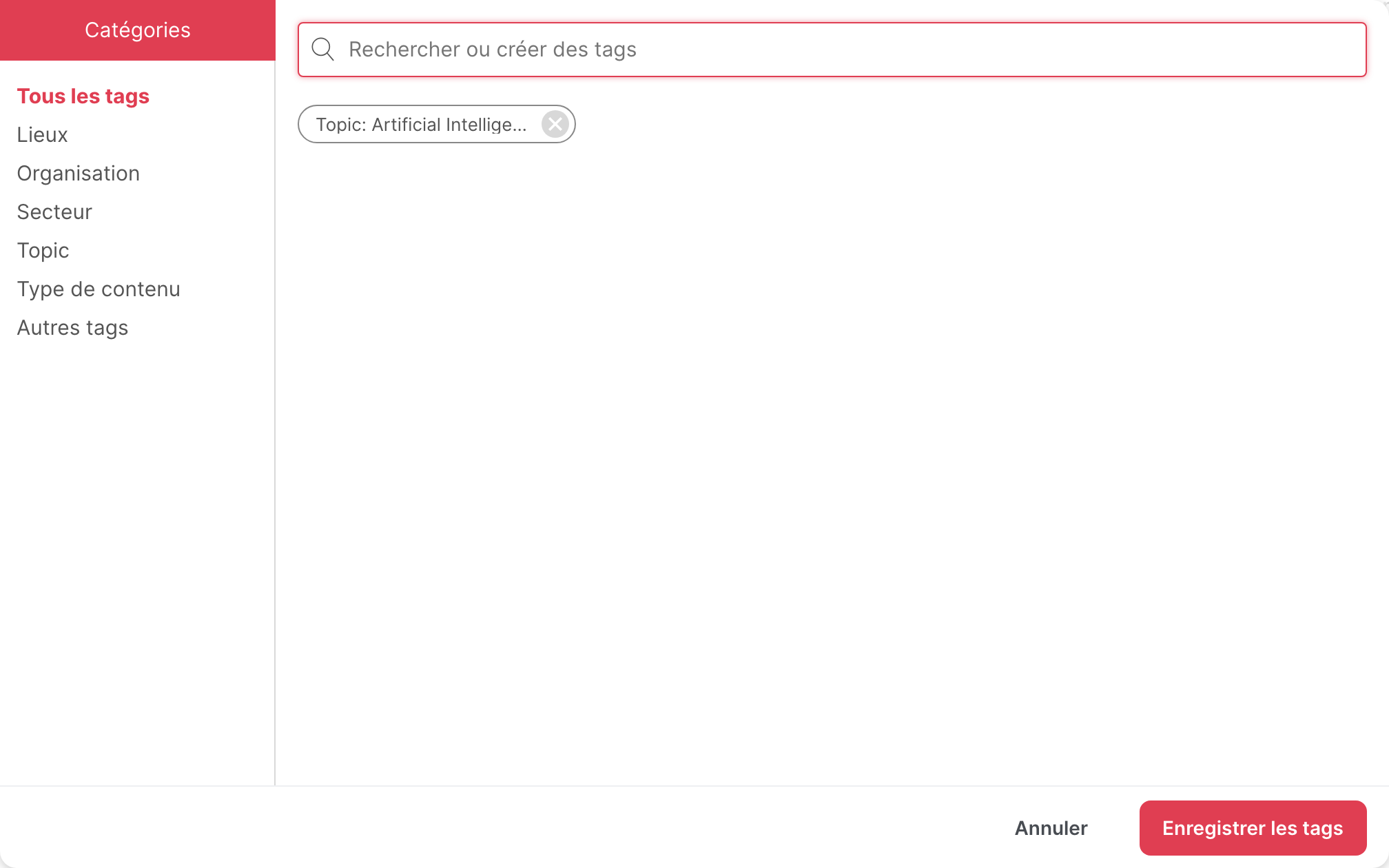 La fenêtre des tags d’un article
