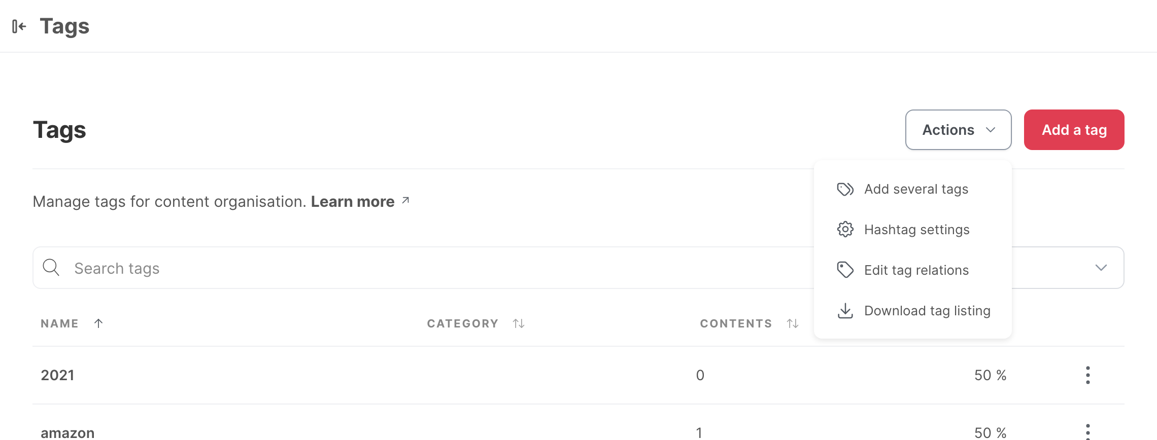 The Tags page of the settings, with the Actions menu