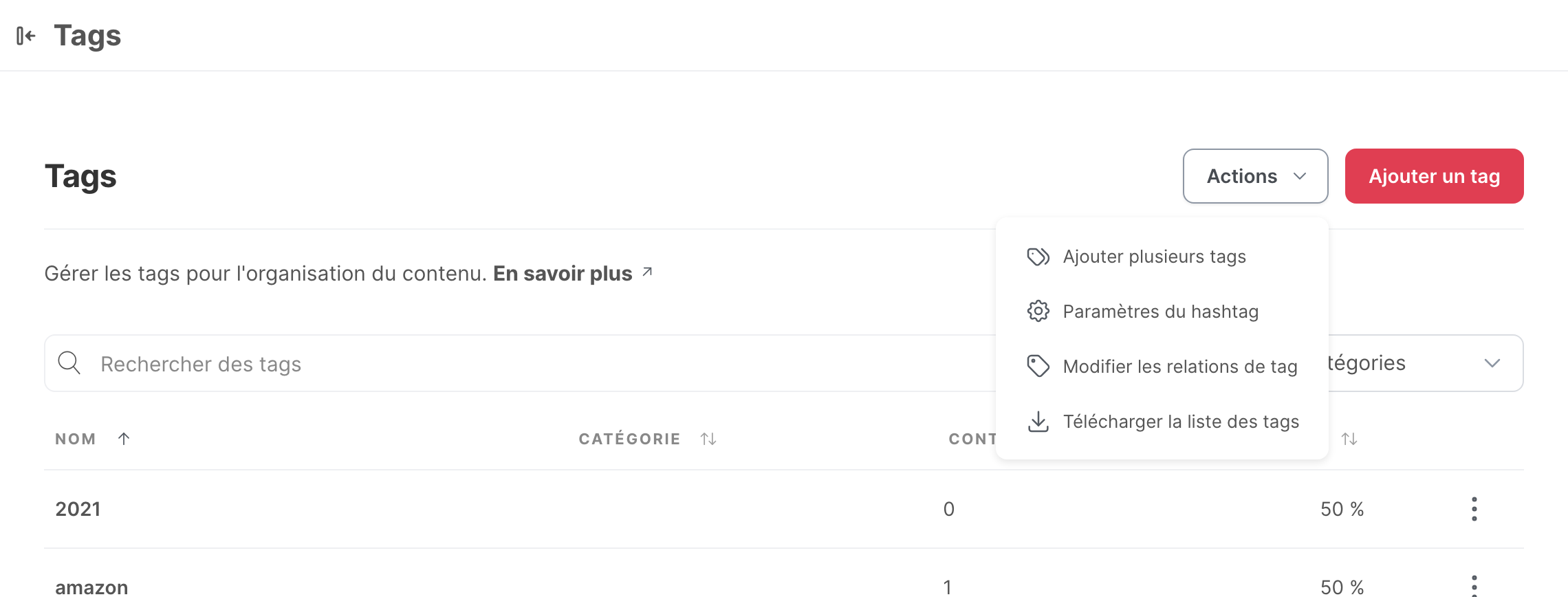 La page Tags des paramètres, avec le menu Actions