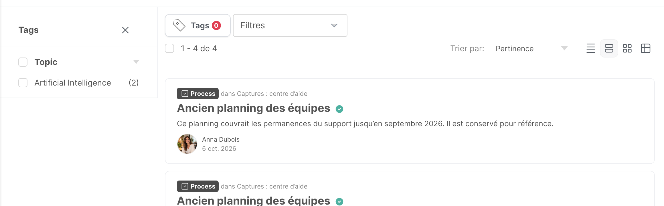 Le panneau Tags d’un espace, avec une catégorie et un tag