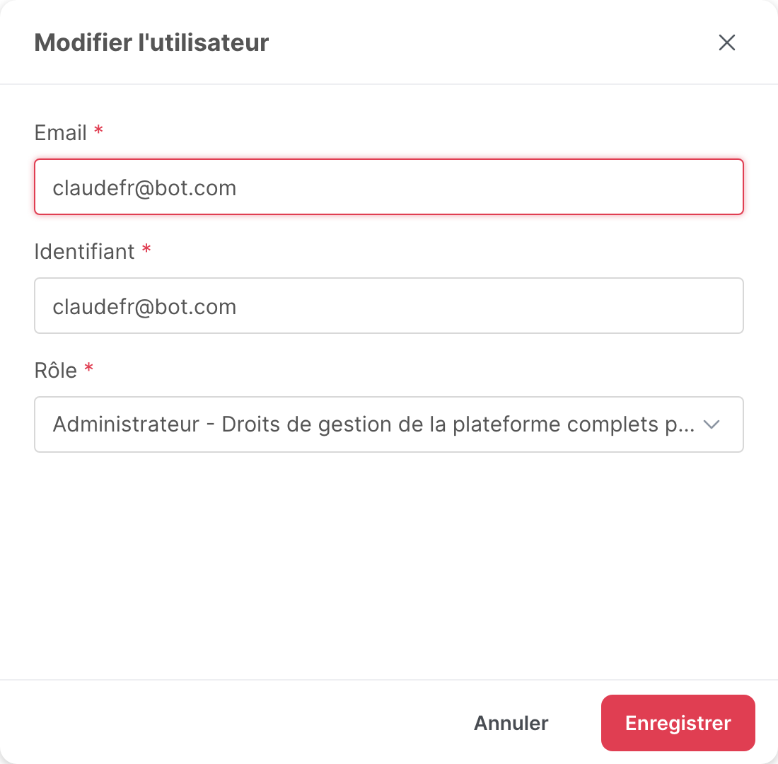 La fenêtre Modifier l’utilisateur
