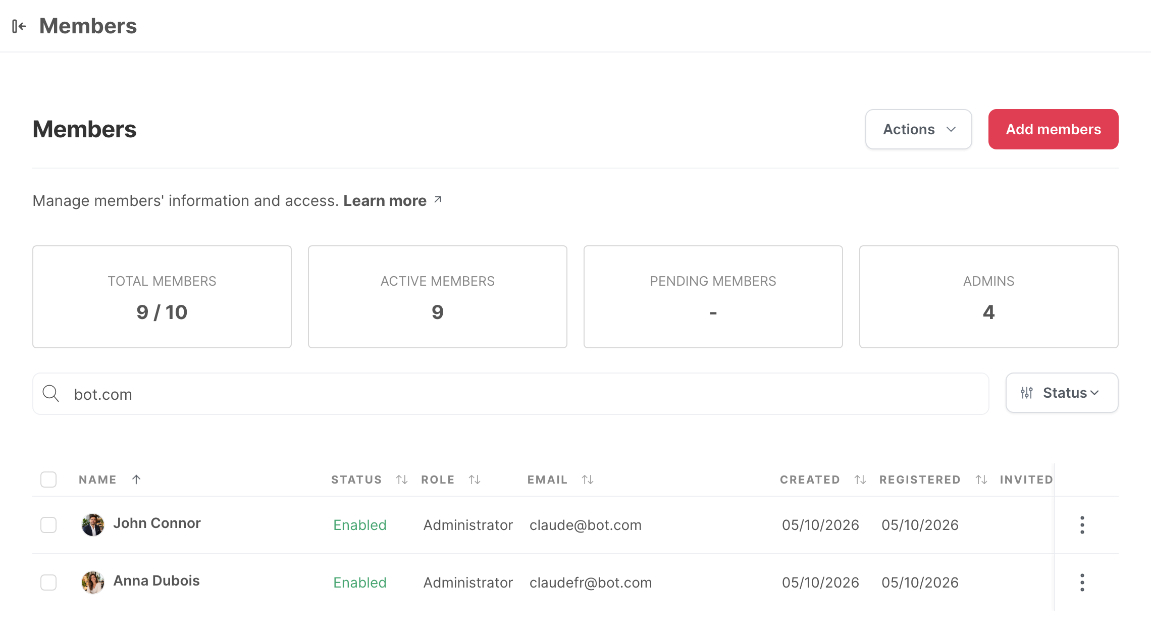The Members page of the settings