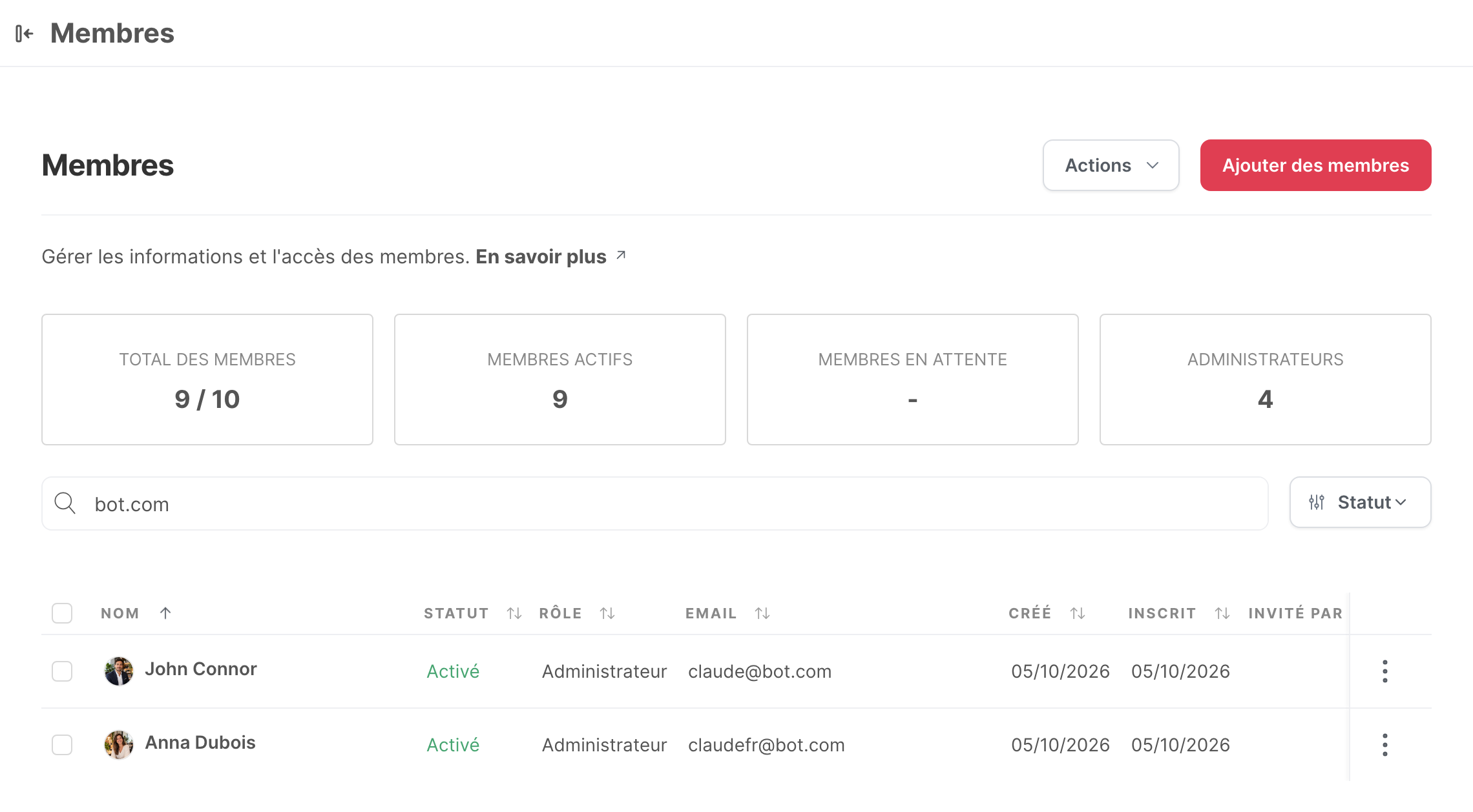 La page Membres des paramètres