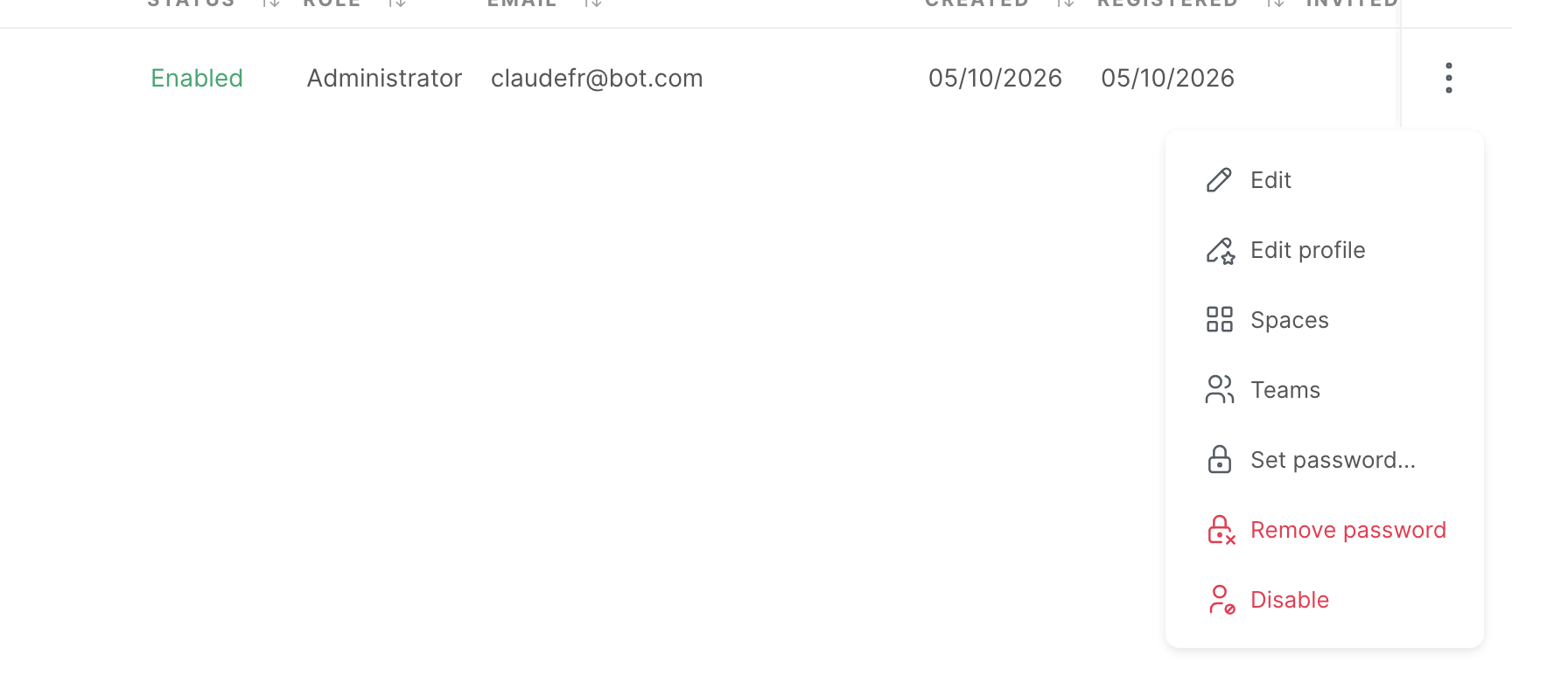 The menu of a member, with Edit, Edit profile, Spaces, Teams, Set password..., Remove password and Disable