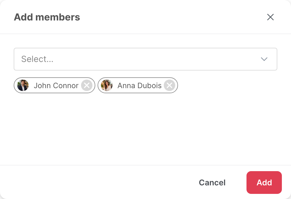 The Add members window of a team, with two users