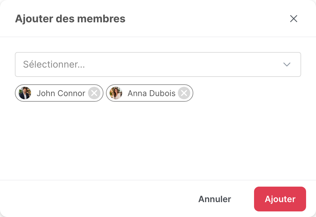 La fenêtre Ajouter des membres d’une équipe, avec deux utilisateurs