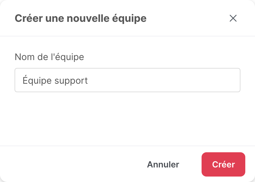 La fenêtre Créer une nouvelle équipe