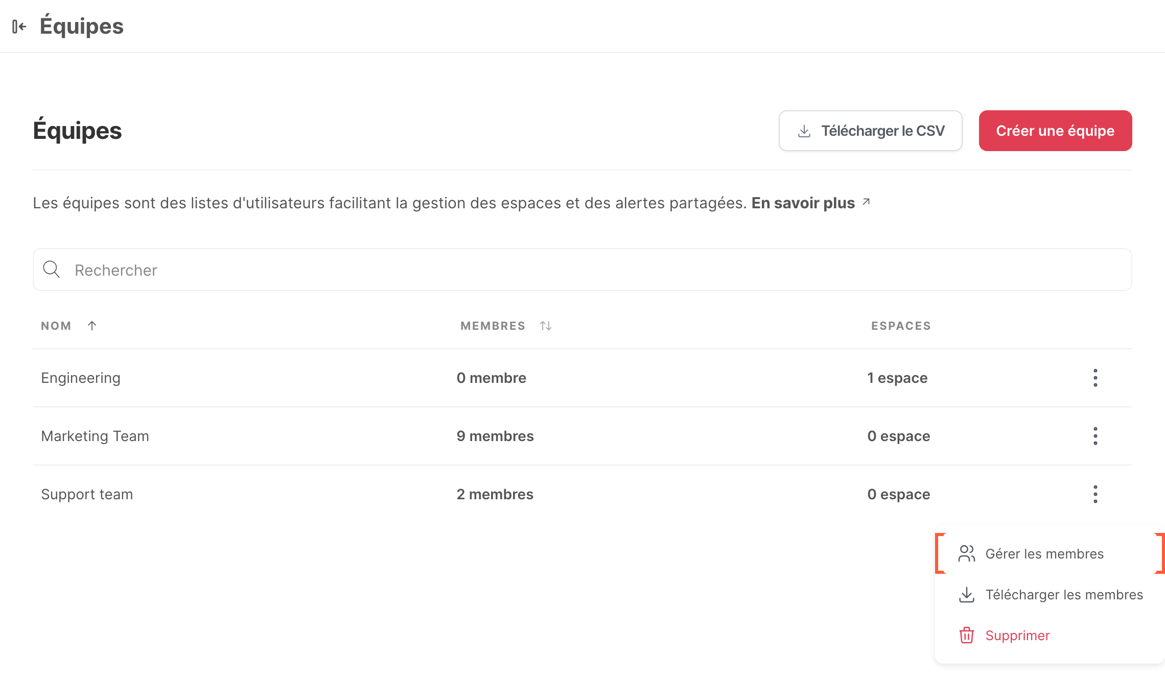 La page Équipes, avec le menu d’une équipe