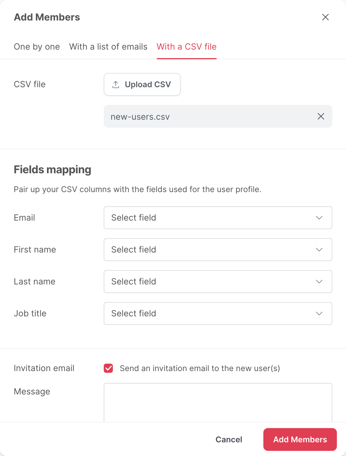 The With a CSV file tab, with the Fields mapping section