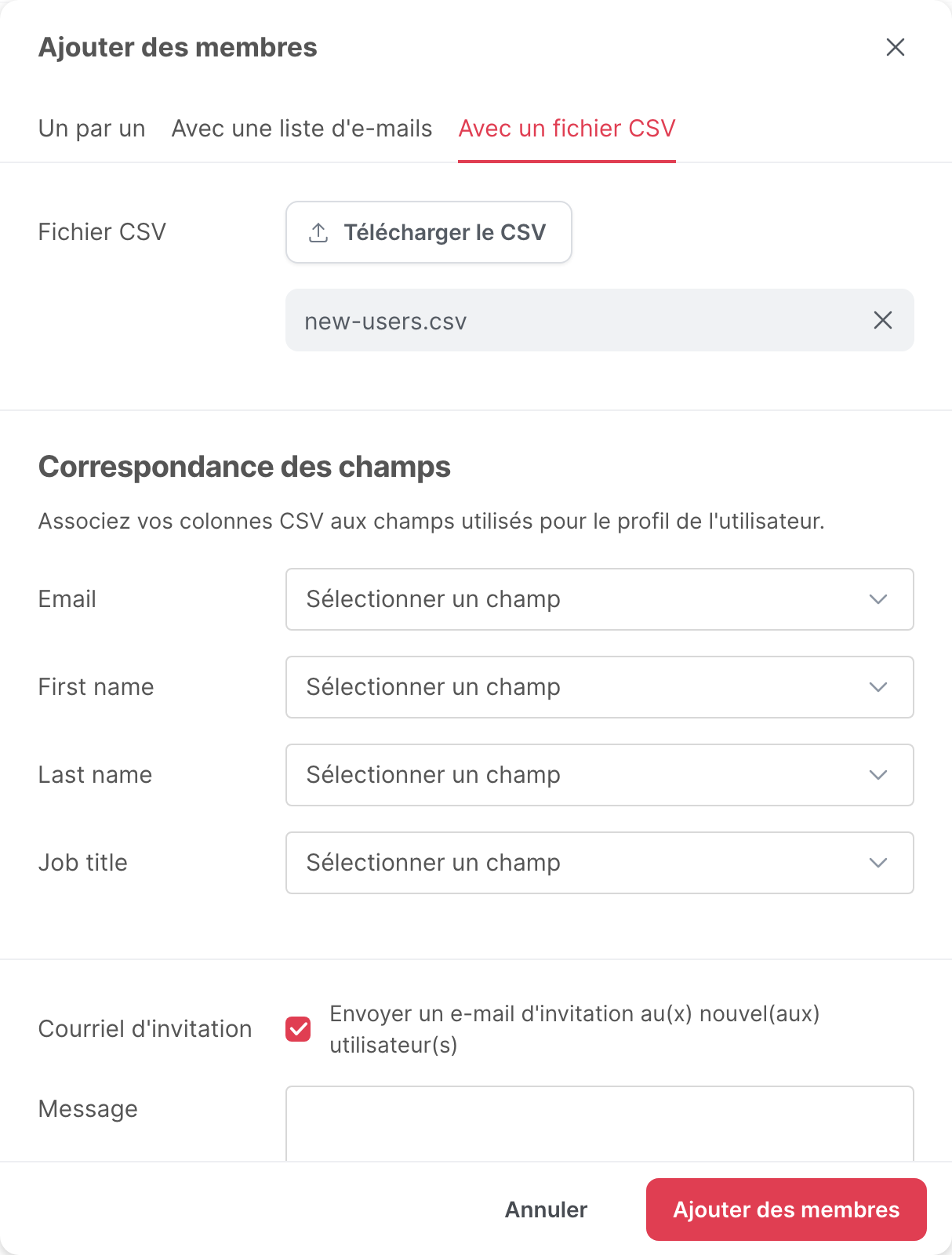 L’onglet Avec un fichier CSV, avec la section Correspondance des champs