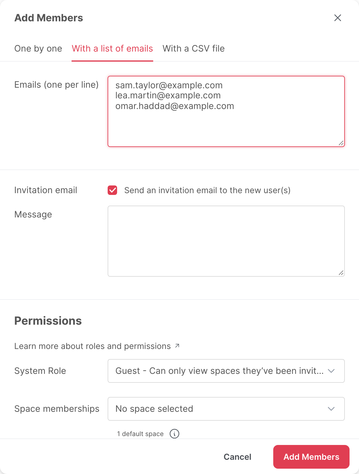 The With a list of emails tab, with three addresses