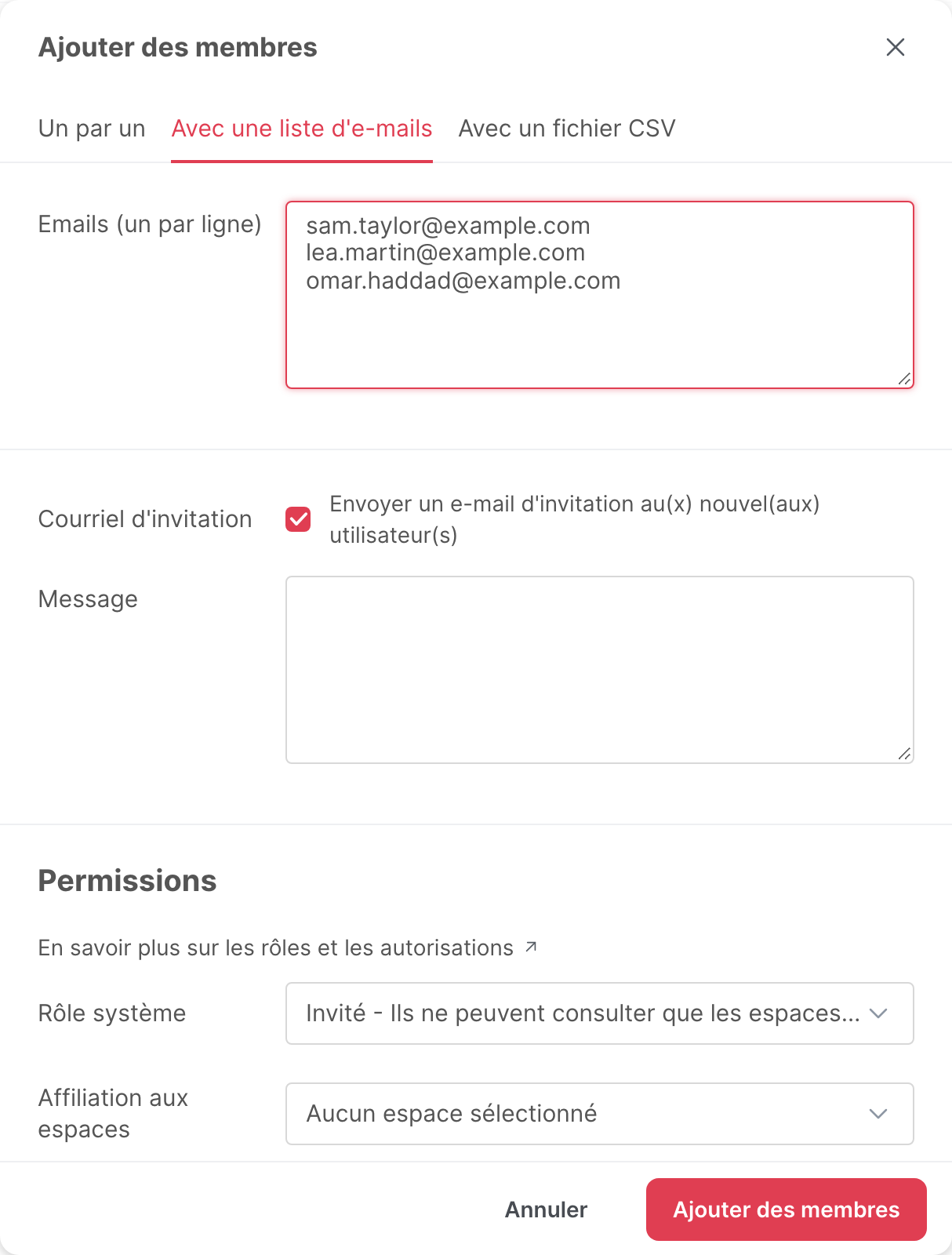 L’onglet Avec une liste d’e-mails, avec trois adresses