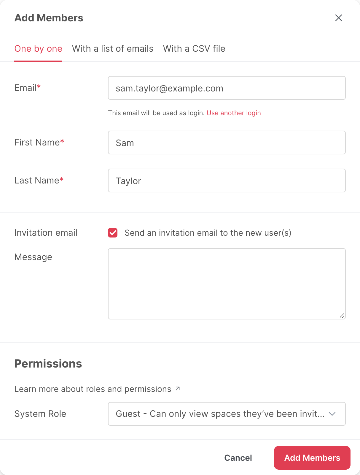 The One by one tab of the Add Members window, filled in