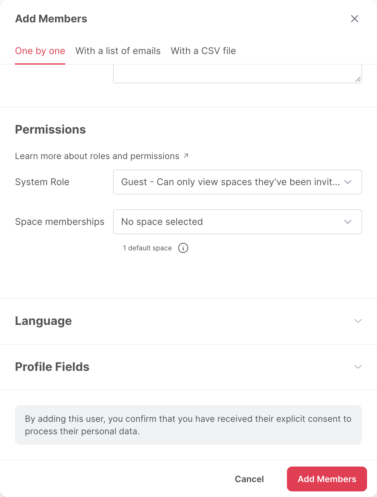 The lower part of the window, with the Permissions, Language and Profile Fields sections