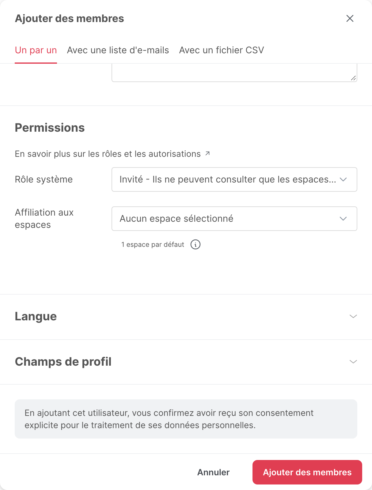 Le bas de la fenêtre, avec les sections Permissions, Langue et Champs de profil