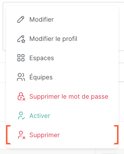Le menu d’un membre désactivé, avec les options Activer et Supprimer