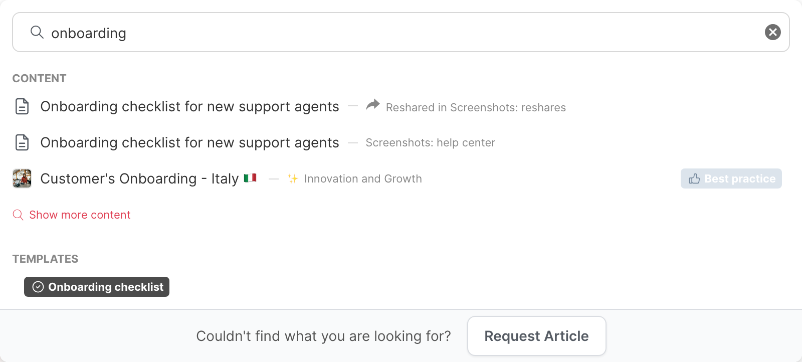 Quick search results for "onboarding", with articles and a template