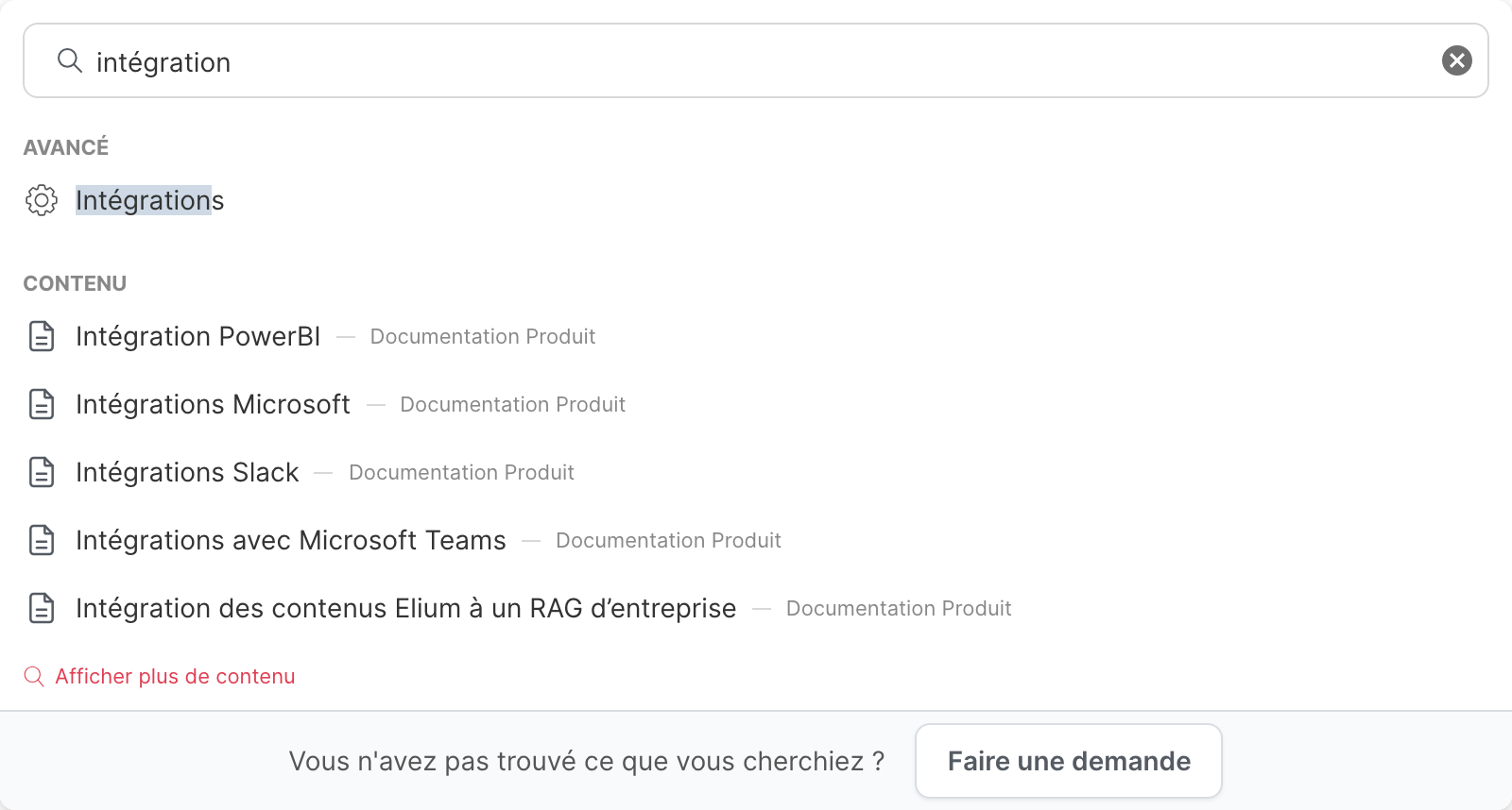 Les résultats de la recherche rapide pour "intégration", avec une page d’Elium et des articles