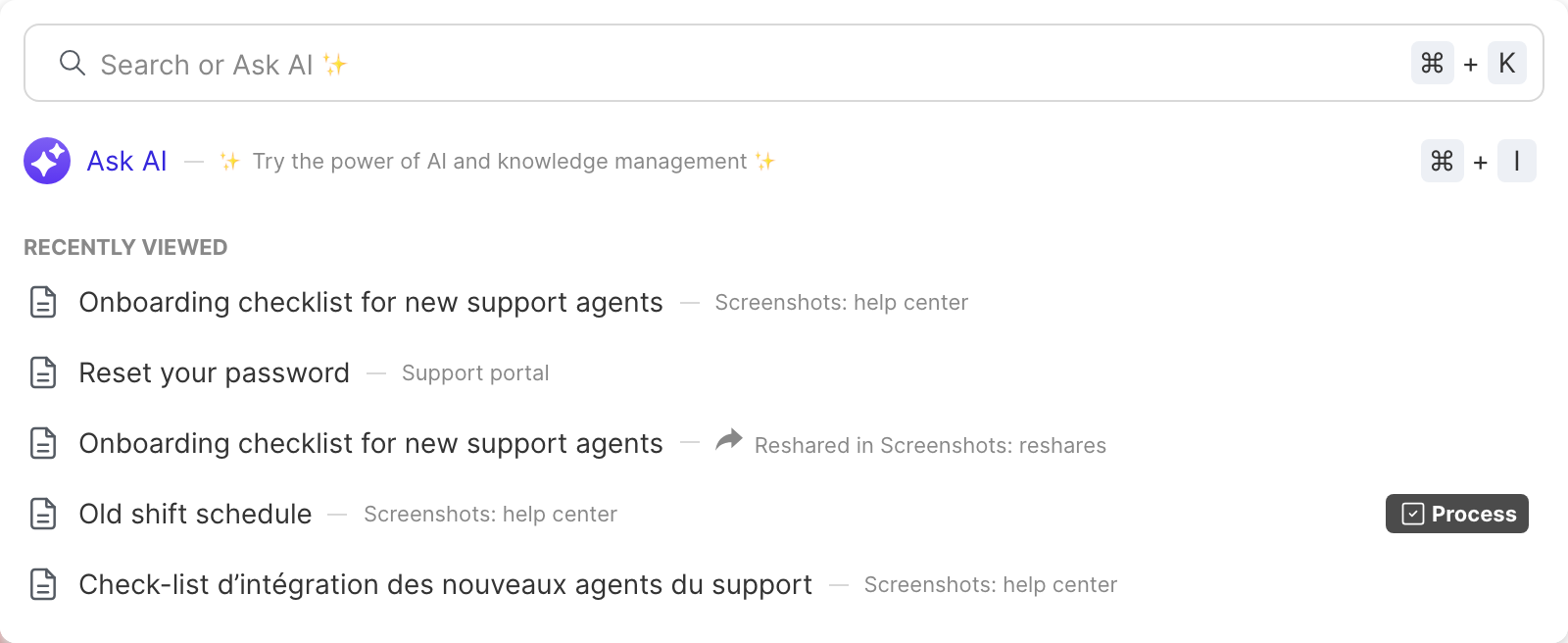 The open search bar, with Ask AI and the recently viewed articles