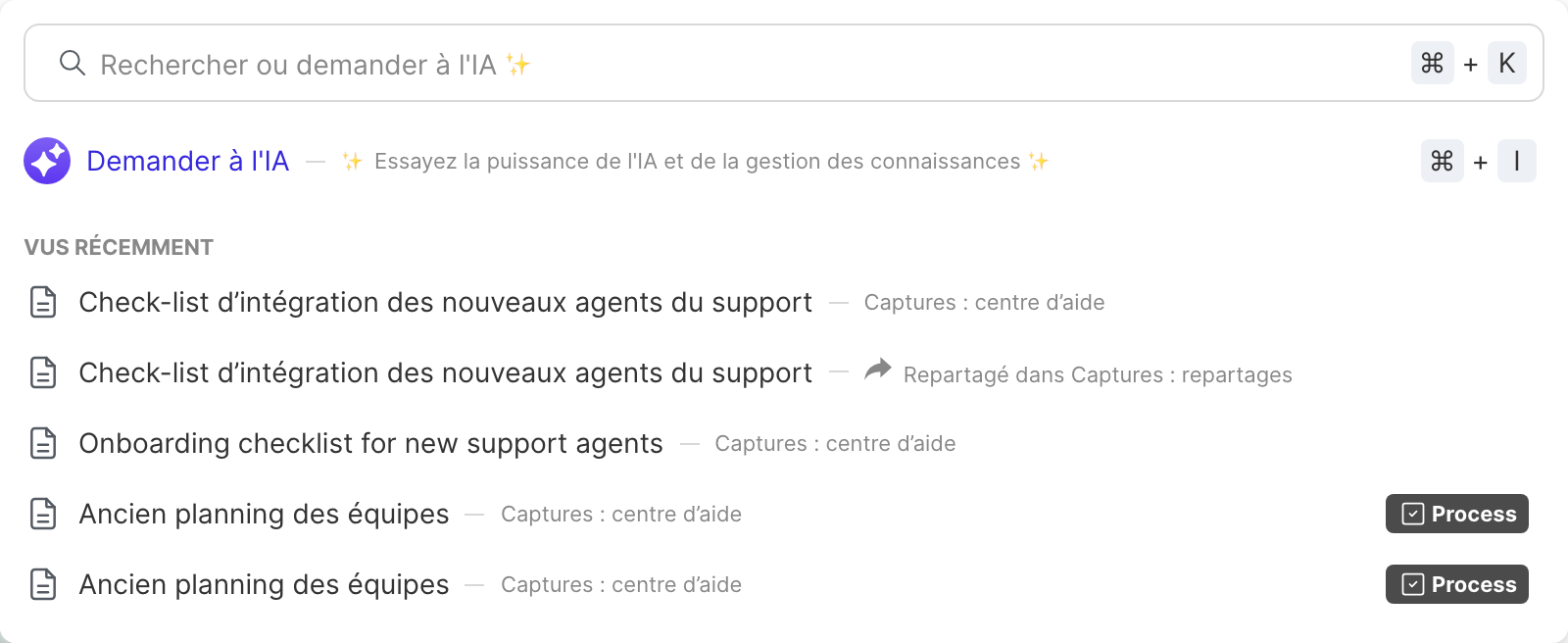 La barre de recherche ouverte, avec Demander à l’IA et les articles vus récemment
