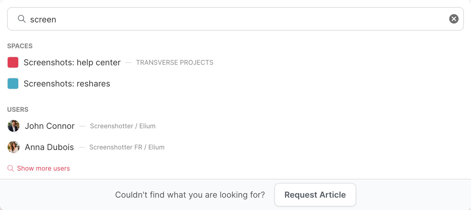 Quick search results for "screen", with spaces and users