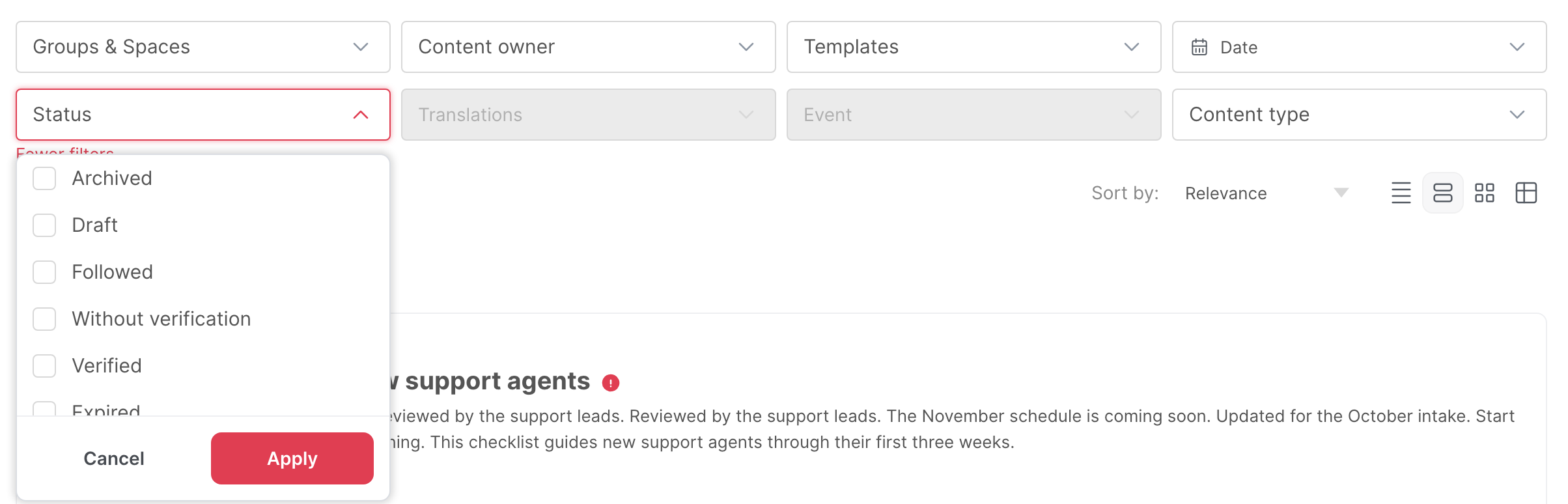 The Status filter, open