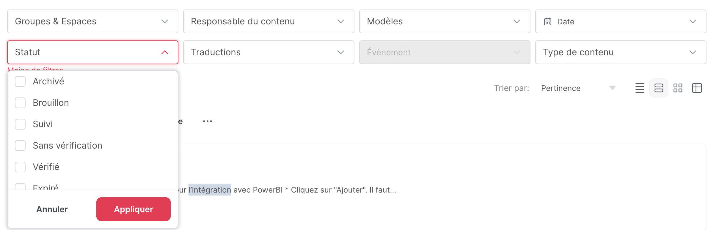 Le filtre Statut, ouvert