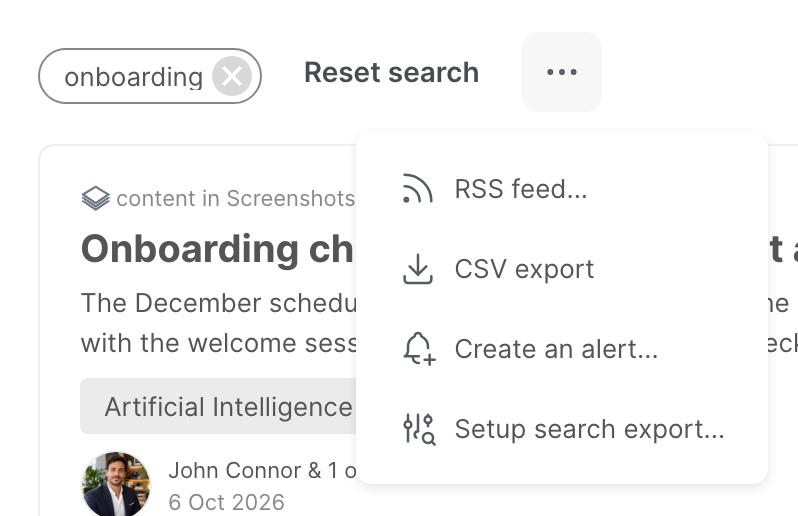 The menu of a search, with the RSS feed, CSV export, alert and search export options
