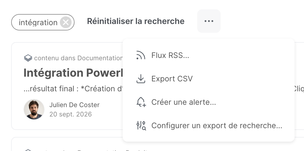 Le menu d’une recherche, avec les options Flux RSS, Export CSV, alerte et export de recherche