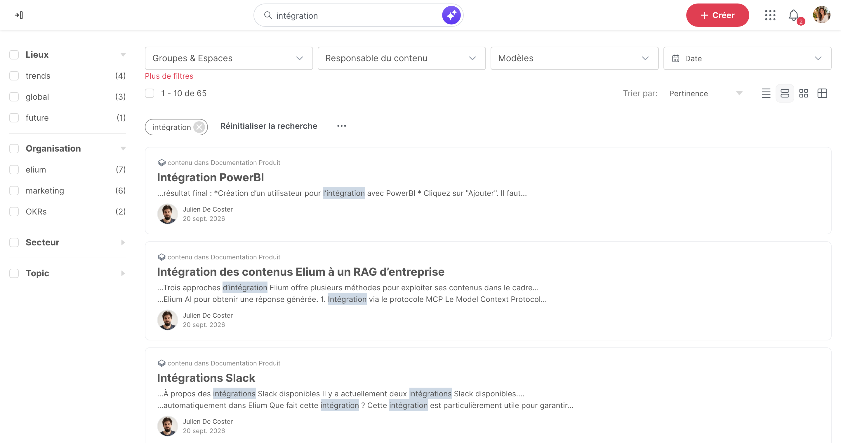 La page de recherche, avec les filtres de tags à gauche et les autres filtres en haut