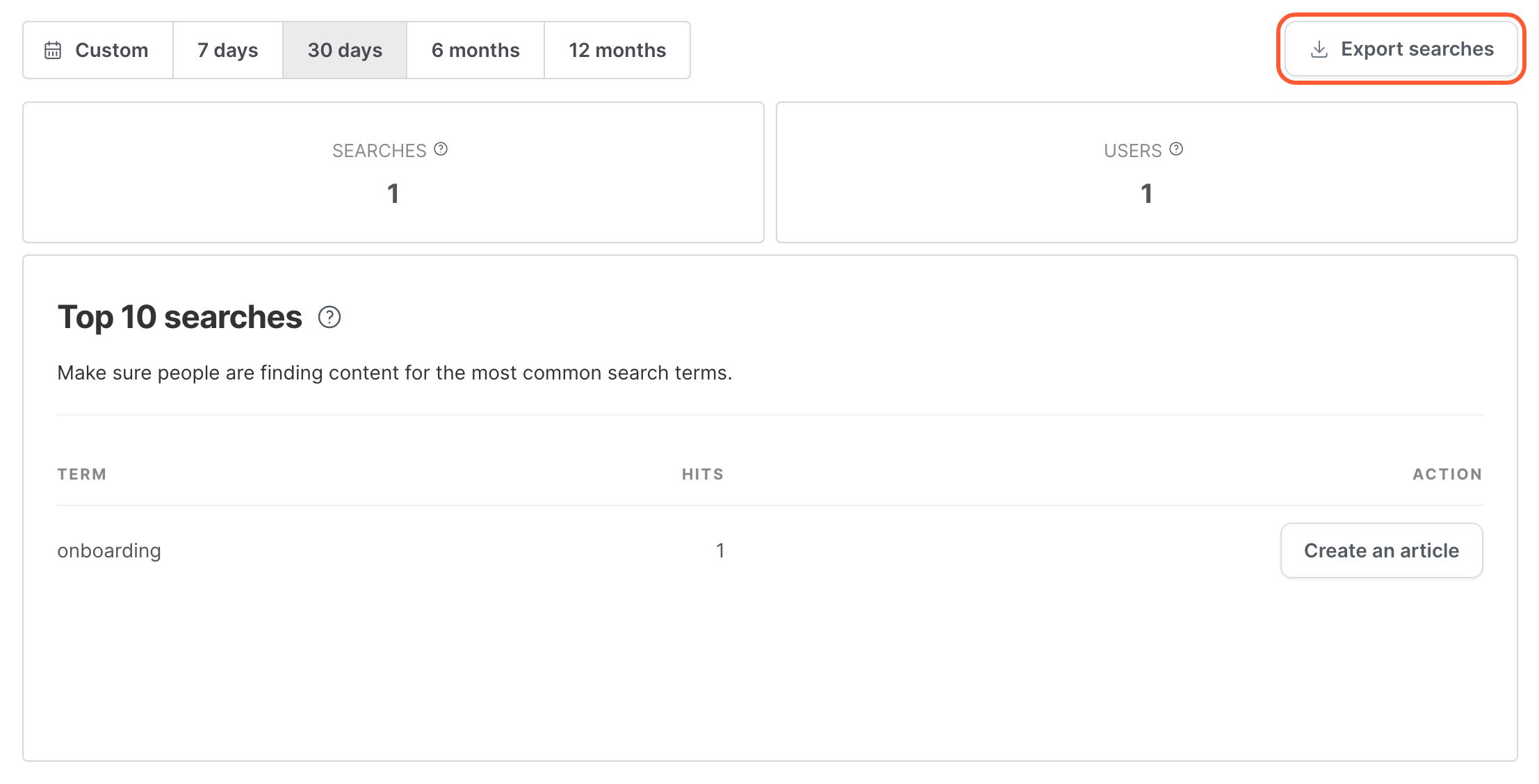The Search page, with the Export searches button