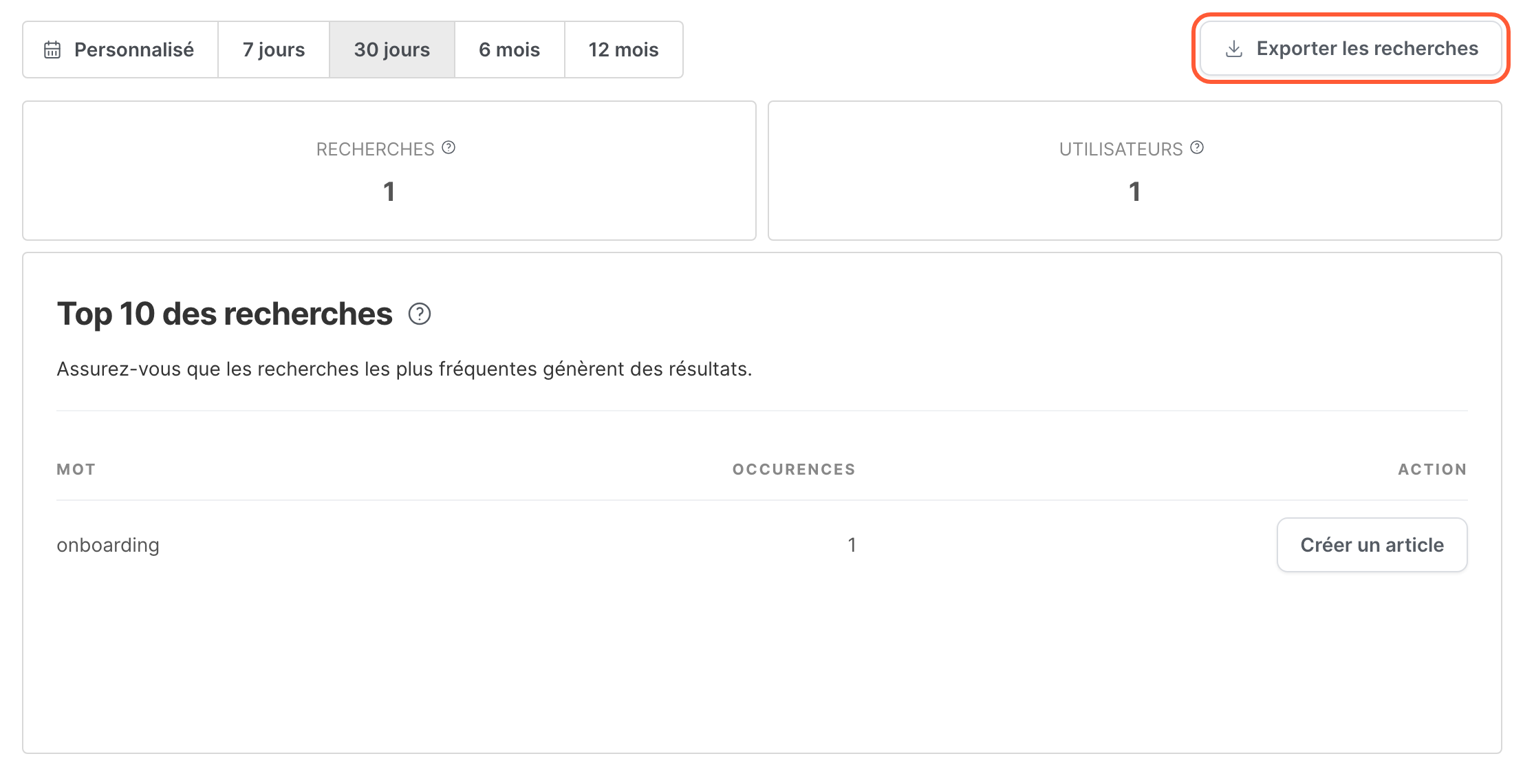 La page Recherche, avec le bouton Exporter les recherches