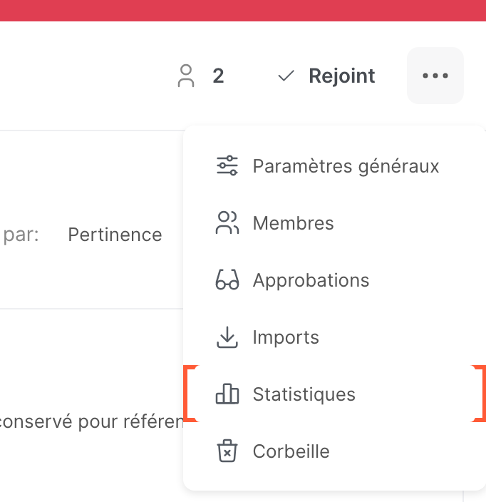 Le menu d’un espace, avec l’option Statistiques