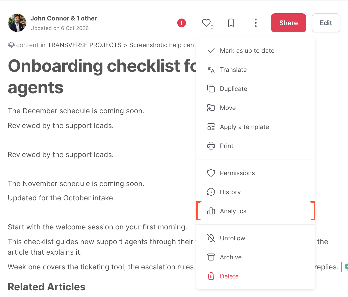 The menu of an article, with the Analytics option